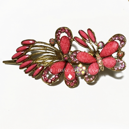 Haarspange Schmetterlinge aus Metall, Strass & Acryl, rosa, 4500f - zum Schließen ins Bild klicken